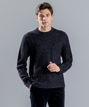  メランジヘリンボンストライプ　ケーブルニット