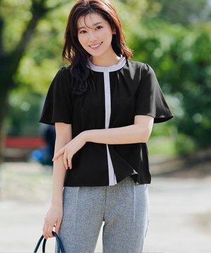  【新色追加・洗える】フロントタック配色ブラウス