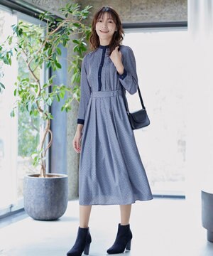  【新色追加・洗える】配色バンドカラー幾何学柄ワンピース