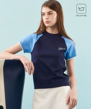  【WOMEN】【ウォッシャブル】バイカラー モックネック ニット