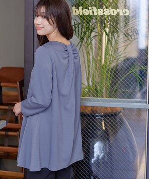  【洗える】キーネックバックツイストポンチチュニックブラウス