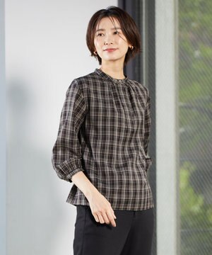 ストライプ＆チェック バンドカラー カットソー