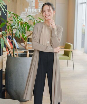  【洗える】ボタン付きロングリブカーディガン