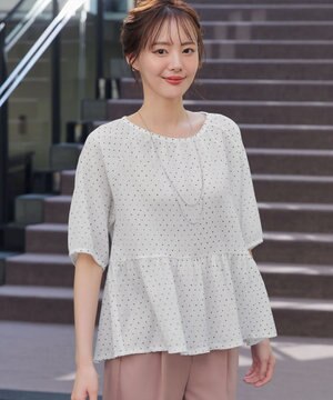  【洗える】楊柳ドットギャザーブラウス
