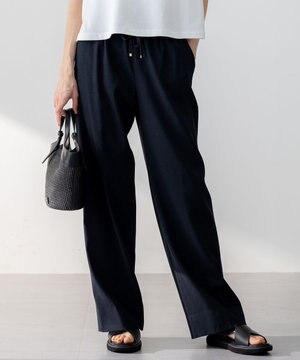  【洗える】リネンレーヨンストレッチ ドロスト ワイド パンツ
