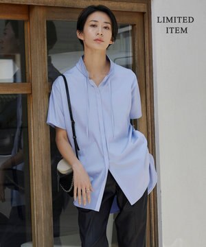  【WEB限定】ブラウスライクスムース スタンドカラーカットソー