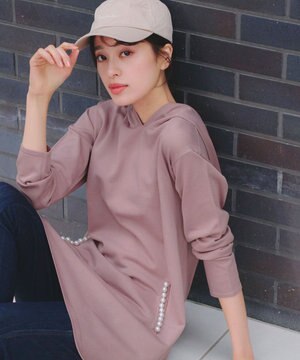  【洗える】パールポケット付きニットチュニックパーカー