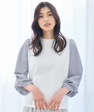  【洗濯機可/UVケア/アンチピリング】布帛ねじり袖コンビプルオーバー