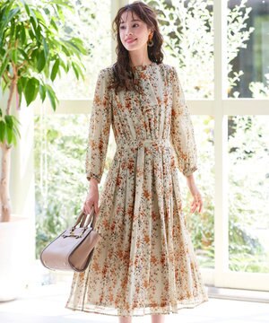  【新色追加・洗える】花柄フリルドレープワンピース