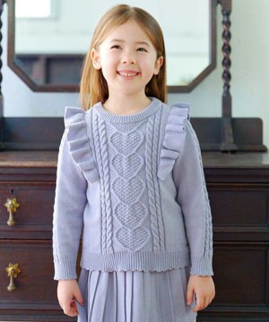  肩フリルハートケーブルニット