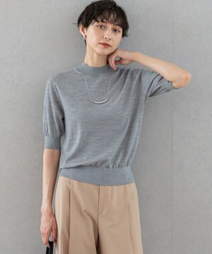  【洗える】サステナブルウール モックネック 5分袖 ニット
