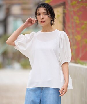  サッカーギャザーバックペプラムブラウス