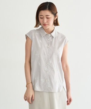  ストライプ柄フラワー刺繍シャツ
