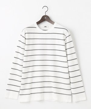  【キングサイズ・洗える】コットンカスリボーダー クルーネック ニット