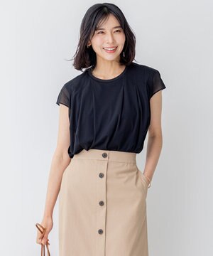  【洗える】チュールコンビジャージー シアー カットソー