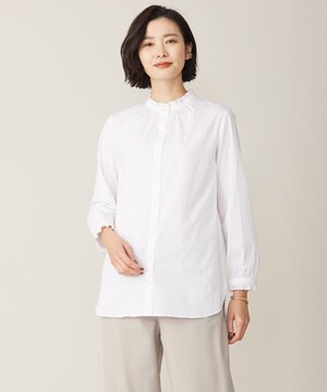  【洗える】BEZ ストライプ フリルネック ブラウス