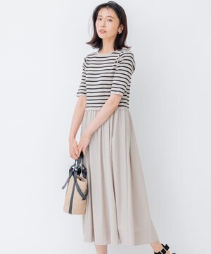  【洗える】マットナイロンタフタ ニットドッキング ワンピース