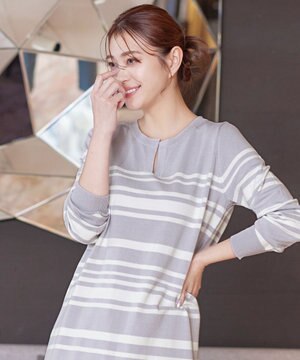  【洗える】キーネックボーダーニットチュニック