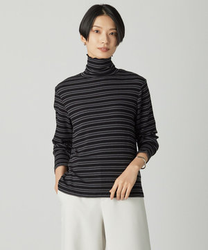  カシミヤシルク シアーリブ ボーダー タートル カットソー