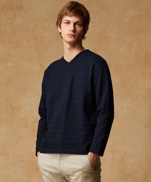 【オーガニックコットン使用・日本素材・日本縫製】 オーガニックヘリンボ-ンリンクス Vネック Tシャツ