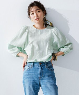  【洗える】カラミストライプ パフスリーブ ブラウス