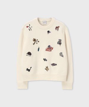  カラー エンブロイダリー クルーネック ニット