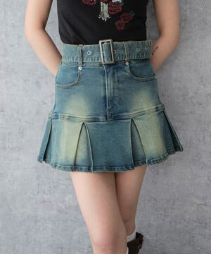  ベルト付デニムプリーツスカパン