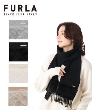 【WEB限定】フルラ (FURLA)エコファー付きマフラー 無地×キルト風 ウールマフラー ロゴプレート付き