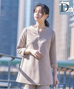  【ダブルストレッチ・洗える】スキッパーパールチュニックブラウス