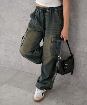  【XS～Mサイズ展開/ウエストゴム 】デニムイージーパラシュートカーゴパンツ