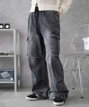  【XS～Mサイズ展開/ウエストゴム 】デニムイージーパラシュートカーゴパンツ