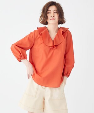 【洗える】ソリッドカラーコットントリアセテート フリルシャツ