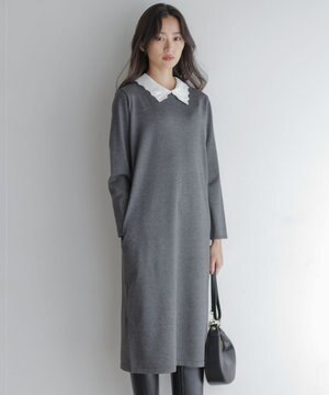 レースライク襟付きニットワンピース