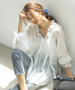 【WEB限定カラーあり/洗える】ソフトコットンローン ギャザー チュニックブラウス