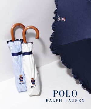  【WEB限定/遮光率100%/遮熱/UV】POLO RALPH LAUREN（ポロ ラルフローレン）晴雨兼用日傘 ワンポイント ポロベア刺繍 フリル 折りたたみ傘 長折タイプ