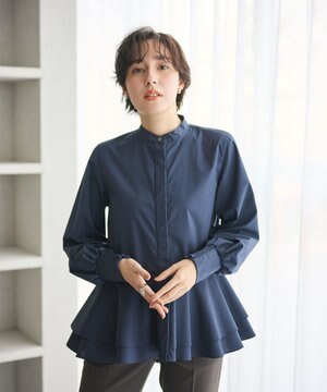  【シワになりにくい/洗濯機可能】ダブルフリルヘムシャツ