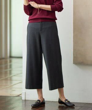  【洗える】T/Rアルガンシルク チェック ワイド パンツ