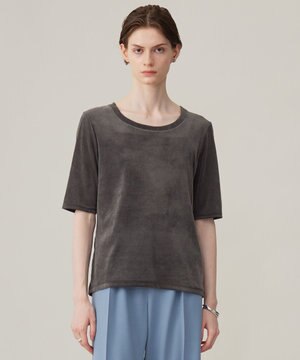  【洗える】フロッキーベロア 5分袖プルオーバー