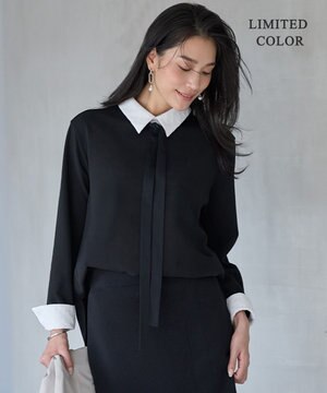  【WEB限定カラーあり】マラボーテＷジョーゼット ボウタイ付きシャツカラートップス