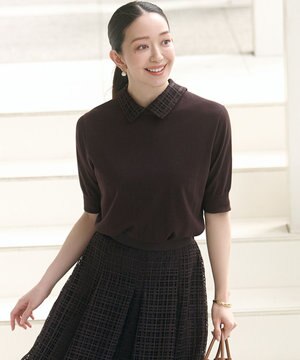  【洗える】Brocheチェック レース付け襟 ニット