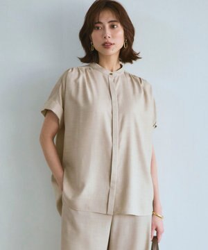  【先行予約】リネンライクグロッシー バンドカラー ブラウス
