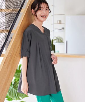  ストレッチタフタタックチュニックブラウス