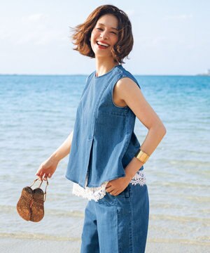  【セットアップ着用可】UNFILO DENIM light ノースリーブブラウス