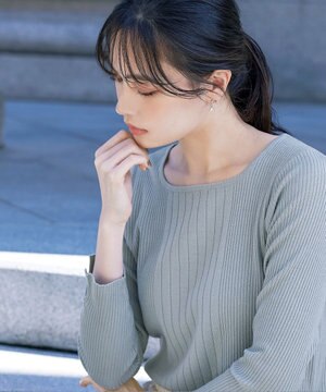  【洗える】スクエアネックリブ編みニットトップス