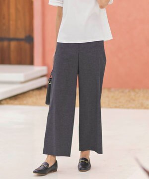  【洗える】麻ポリエステルストレッチ ワイド パンツ