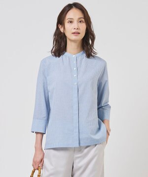  リネンminiチェック バンドカラー ブラウス