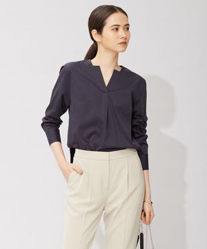  【洗える】 ブラウスライクジャージー ヘンリーネックカットソー