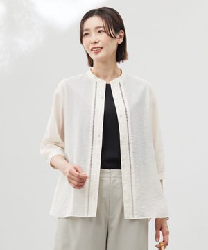  【WEB限定カラーあり・洗える】Sheer Vis リネン バンドカラー ブラウス