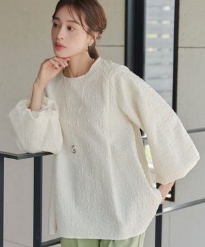 【洗える】ふくれジャガードバルーンスリーブチュニックブラウス