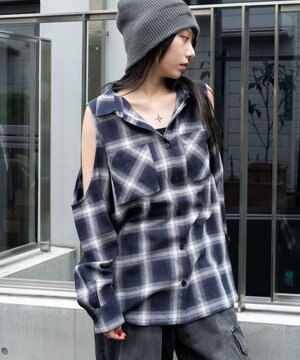  オープンショルダーチェックBIGシャツ
